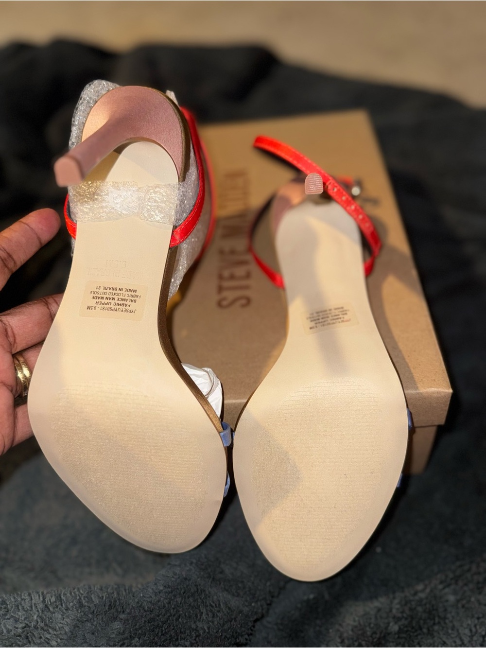 Steve Madden Two-Tone Strappy Heels in Blue, Red & Silver Glitter - Picture 3 of 4